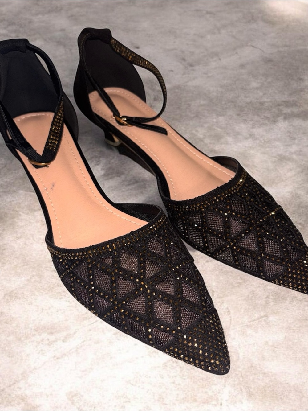 Black Embellished Pointed-Toe Ankle-Strap Heels